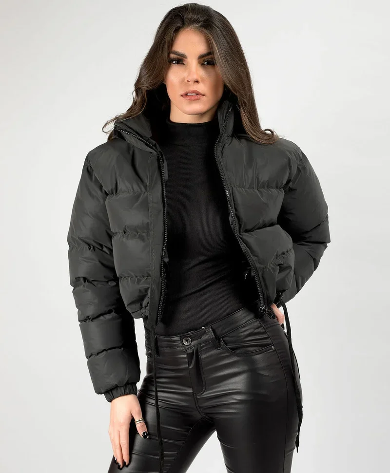 Chaqueta acolchada de algodón para mujer, abrigo corto de Color liso con cuello Simple e informal, para invierno, 2023