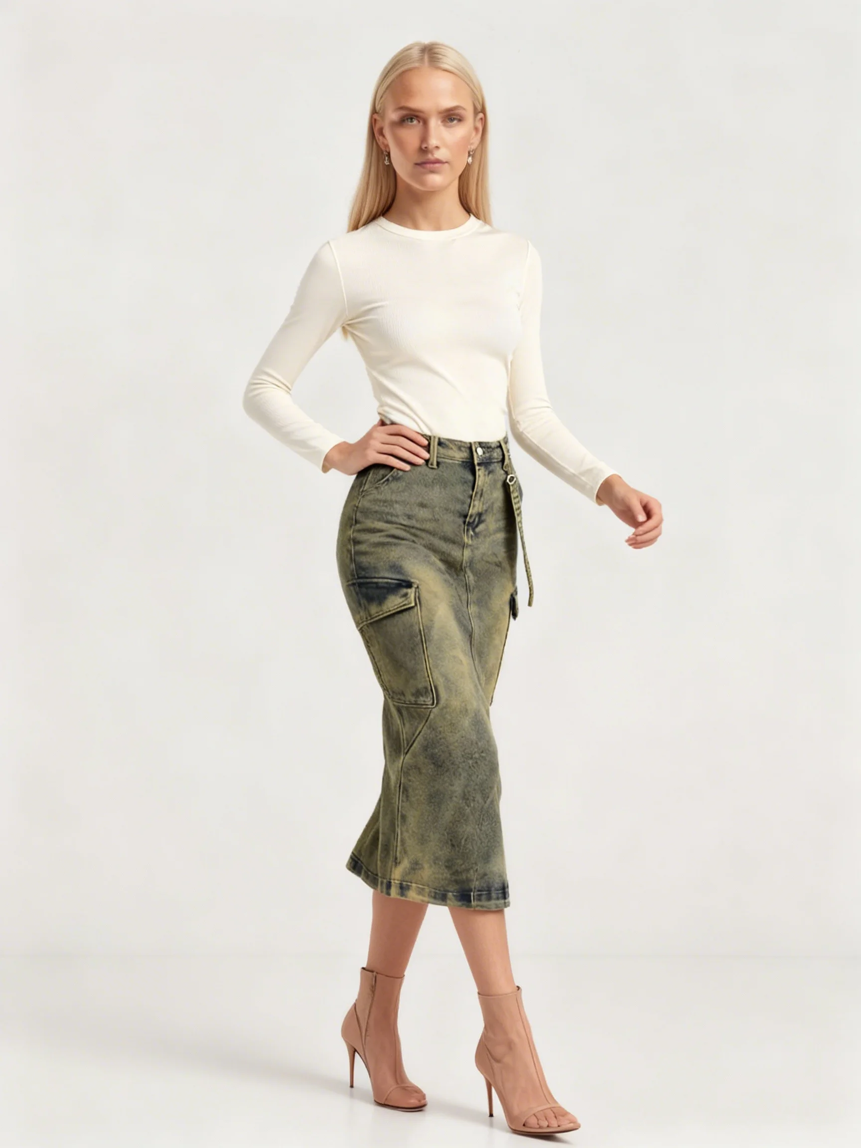 Vintage Washed Denim Cargo Midi Skirt for Women High Waist Straight Fit Streetwear Utility Pocket Skirt Casual Fashion Bottom