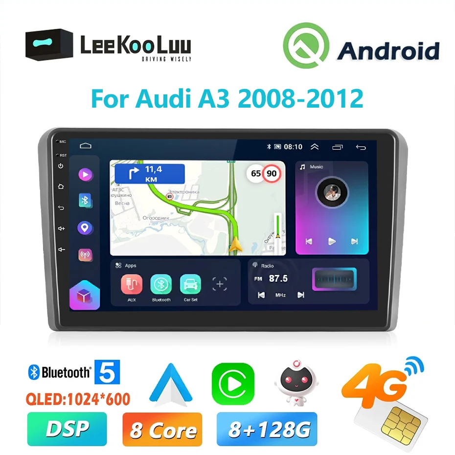 

LeeKooLuu 8G+128G Carplay Android Auto Radio For Audi A3 2008-2012 Car Multimedia Video Player 2Din AutoRadio 4G wifi GPS Stereo