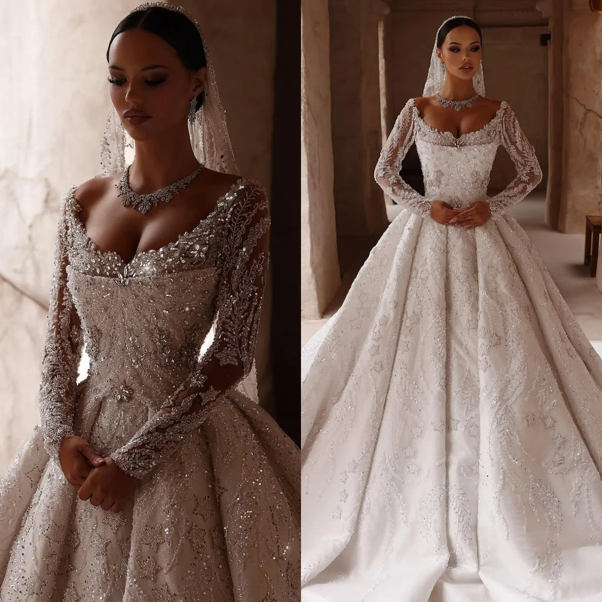 

Gorgeous Wedding Dresses Crystal Sequins Beading Bridal Ball Gowns Long Sleeve Customized Princess Bride Dress Vestidos De Novia