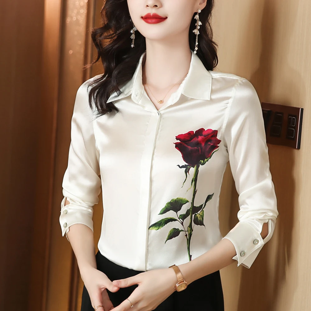 New Vintage Long Sleeve Satin Silk Shirts Women Fashion Floral Print Blouse Women 2024 Elegant Ladies Tops Clothes Blusa Mujer