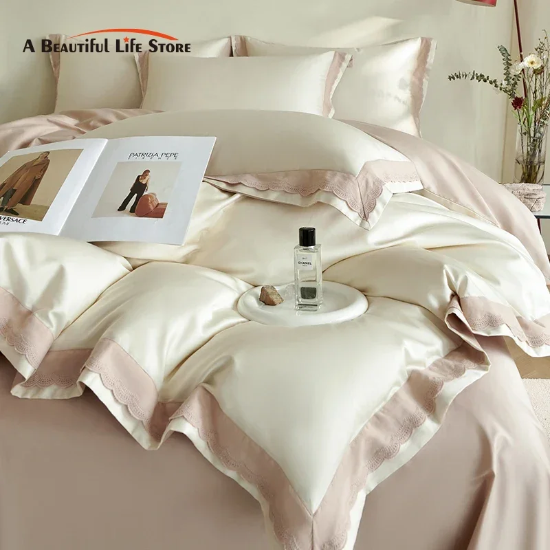 

600TC Egyptian Cotton Soft Comfortable Breathable Luxury Bedding Set Elegant Lace Duvet Cover Flat/Fitted Bed Sheet Pillowcases