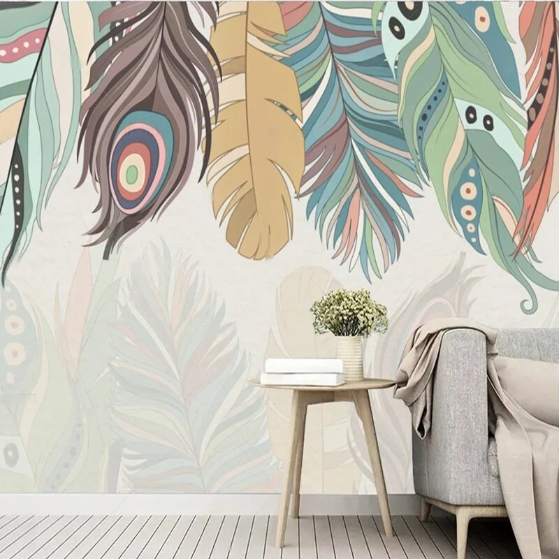 Modern and simple Nordic hand-painted colorful feather fresh and clean TV luxurious home background wall painting