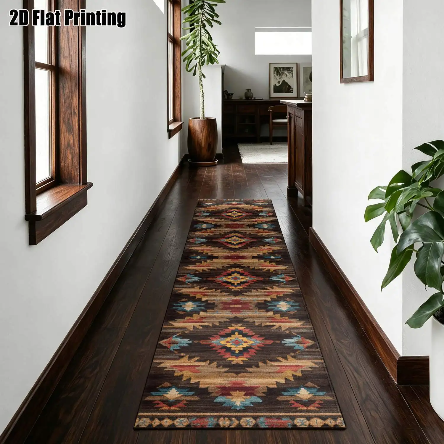 1Pc 2D Printed Long Strip Rug: Red-Brown Geometric Retro Bohemian Nordic Style, Machine Washable, Multi-Size, Ideal for Entryway, Hallway, Living Room, Bedroom Home Decor