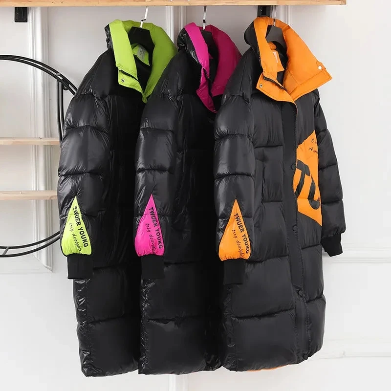 2026 New Winter Down Cotton-Padded Jacket Women Overcoat Korean Color Matching Long Glossy Female Thicke Slim Warm Parker Coats