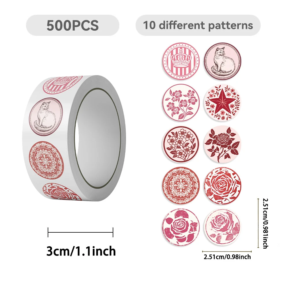 Rouleau d'autocollants de scellage à motif esthétique rose mignon, 500 pièces/rouleau, décalcomanies de chat de fleur de dessin animé, autocollant de décoration pour bagages, téléphone, carnet de notes, DIY bricolage