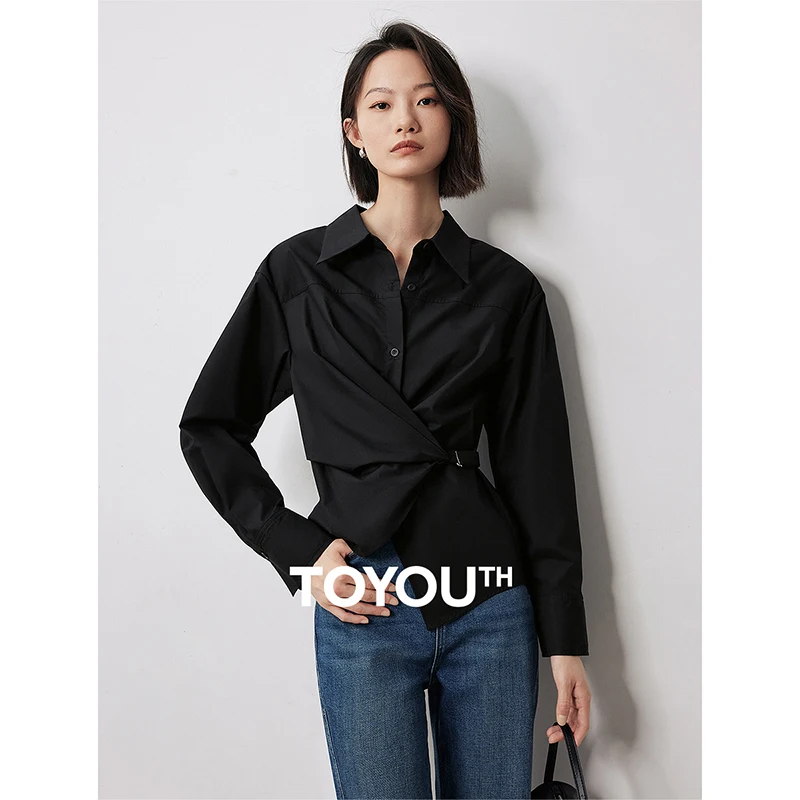 

TOYOUTH Women Blouse Shirt 2024 Autumn New Twisted Tie Waist Solid Color Long Sleeve Turn Down Collar Fashion Blouse Tops