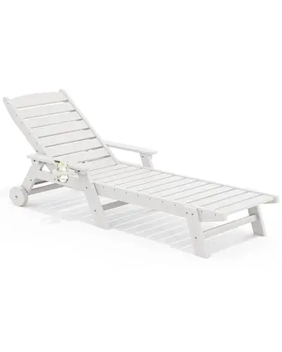 HDPE Outdoor Lounge Chair with Cup Holder, White | with 5 Position Adjustable Backrest & Rolling Wheels