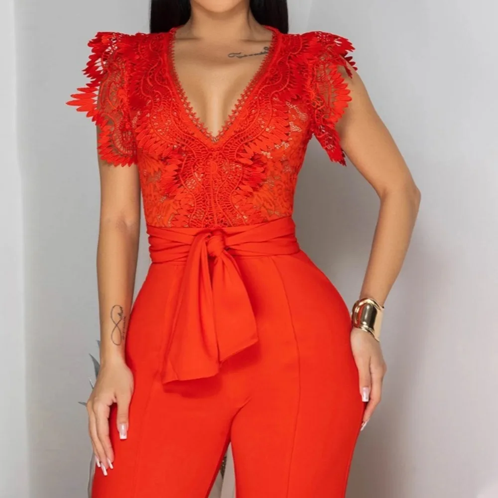 HLJ Fashion Lace Embrodiay Patchwork Wide Legs Jumpsuits Women Short Sleeve V-neck One Piece  Rompers Female Streetwear Overalls