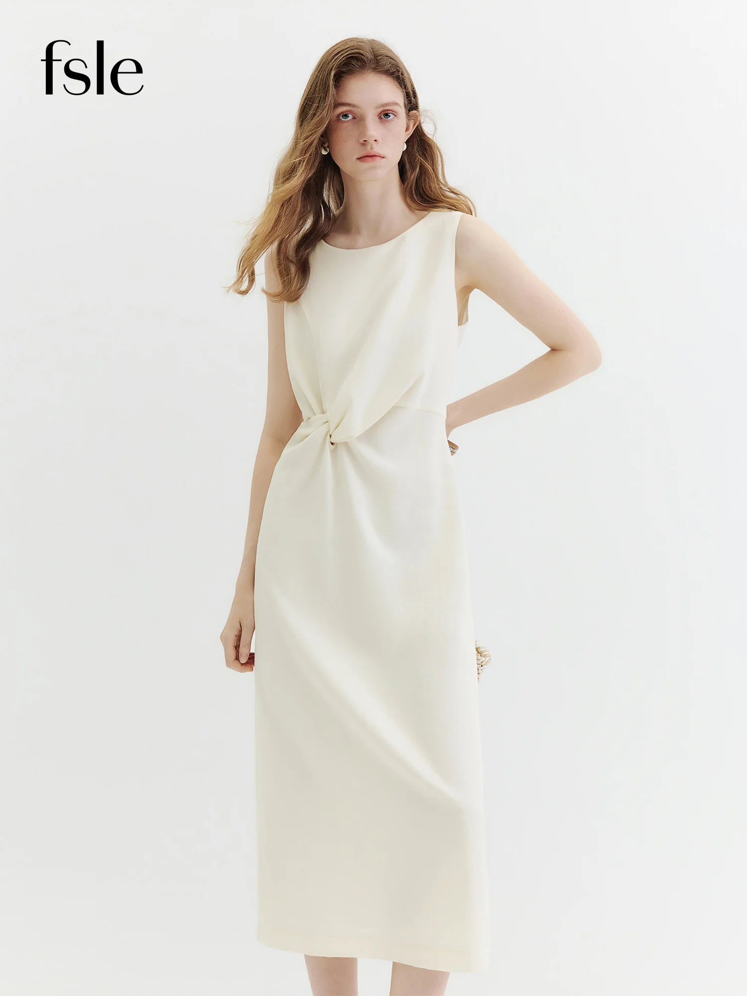 Robe midi sans manches en chanvre torsadé pour femme FSLE 2026 – Tissu naturel durable, style minimaliste cintré à la taille