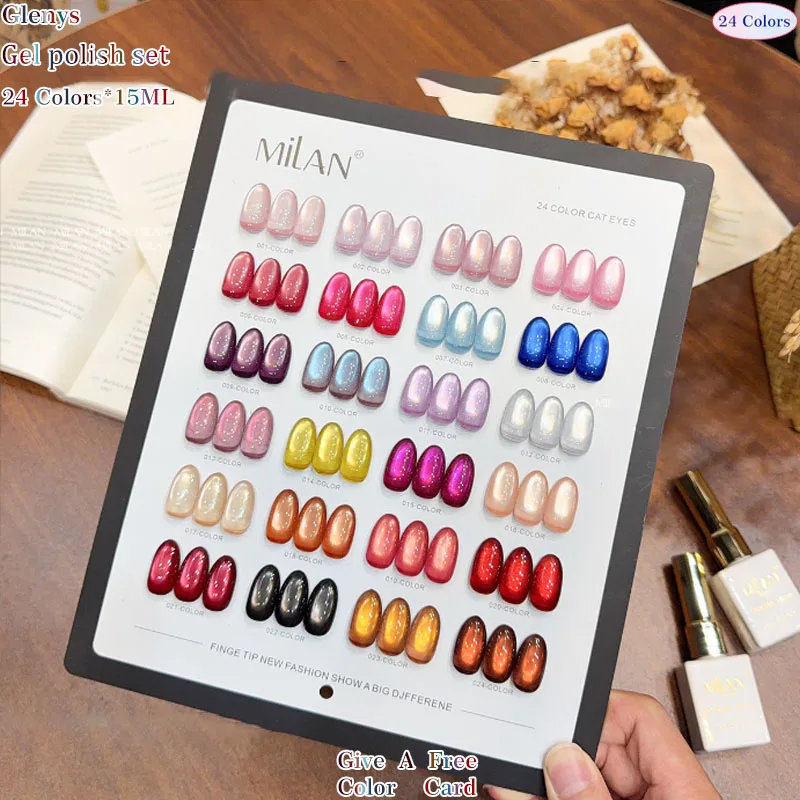 Glenys 24 color cat's eye nail polish glue dazzling white soaking gel color matching card factory direct sales nail art varnish