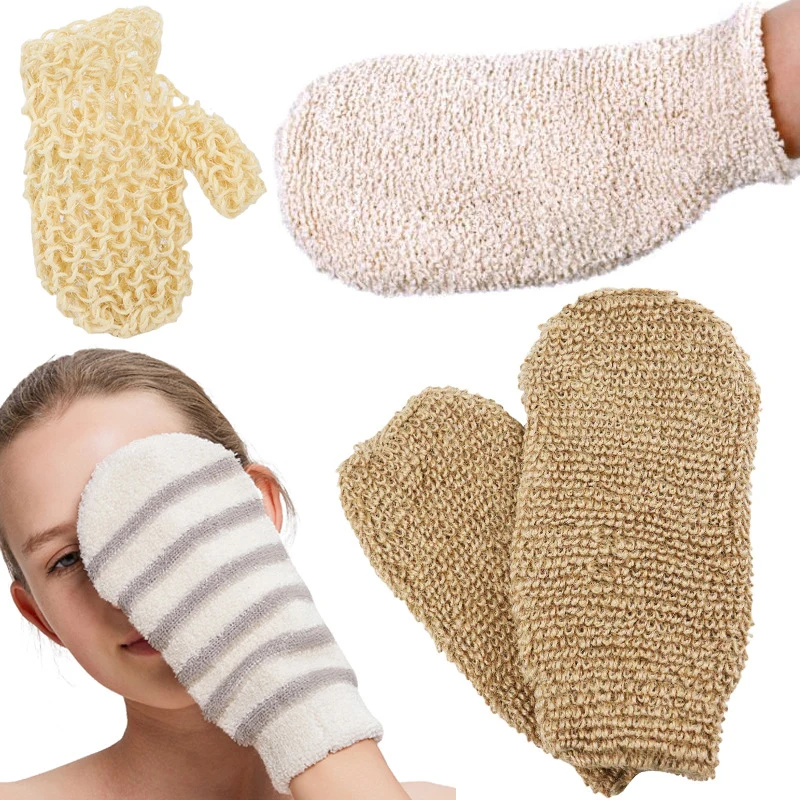 1Pc Exfoliating Hemp Bath Glove Mitten Scrubber Natural Bamboo Fiber Remove Dead Skin Deep Clean Double-Sided Bath Gloves