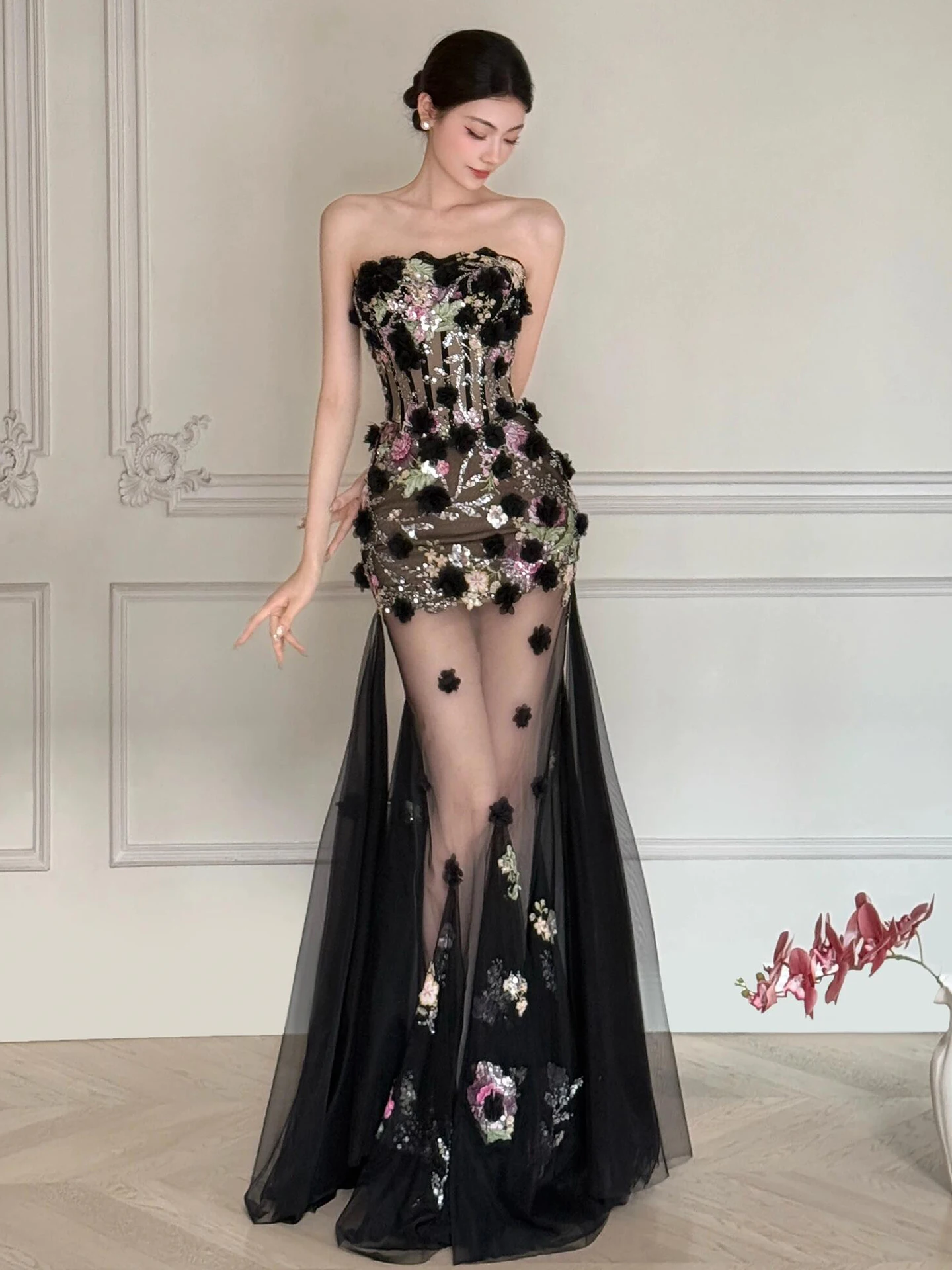 ชุดราตรีเซ็กซี่แบบมีสายรัดเอวสำหรับงานเลี้ยง งานฉลอง งานแสดง กระโปรงยาวสำหรับงานแต่งงาน งานประจำปี...