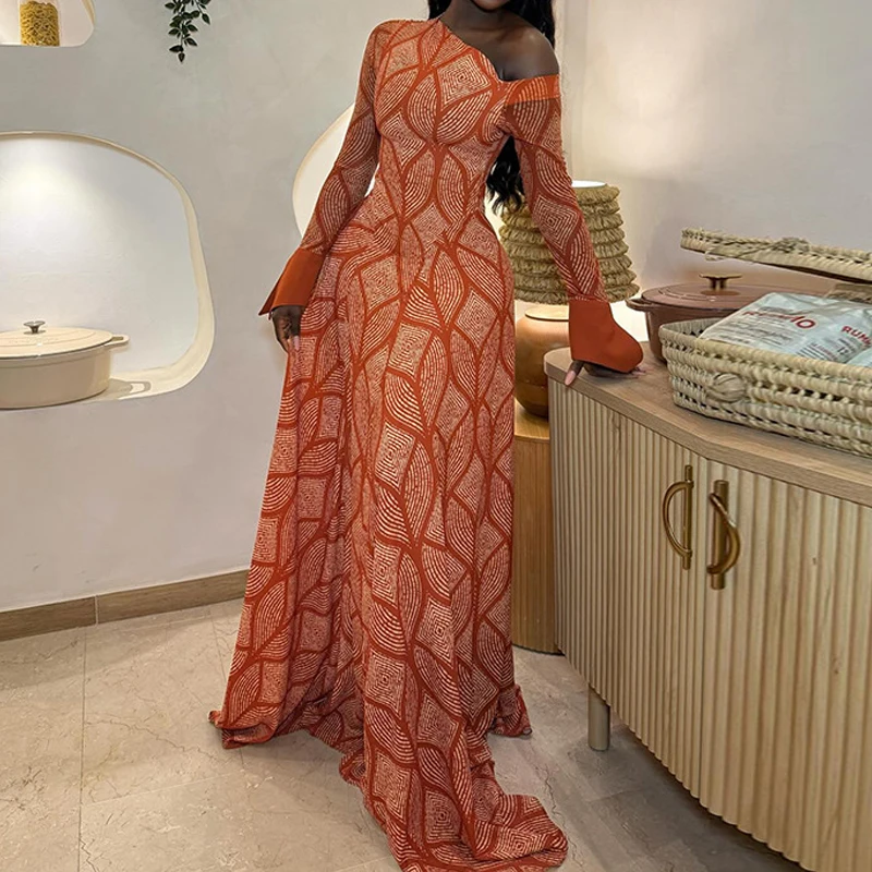 

Женское элегантное платье макси с диагональным воротником, модным принтом, расклешенными рукавами и плиссировкой, повседневное.