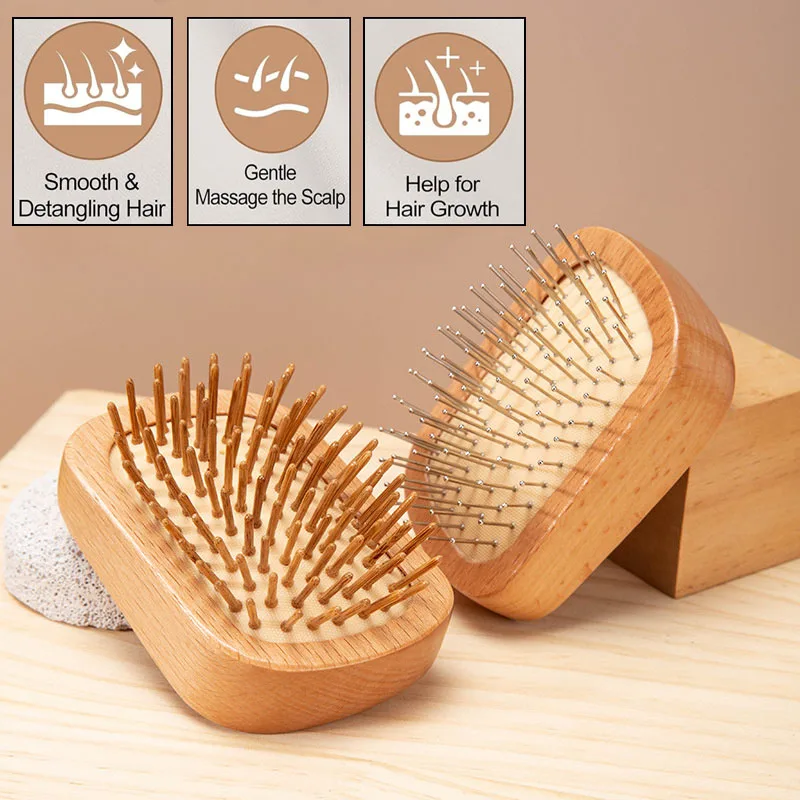 

Натуральная деревянная щетка для волос, расчески из бука, подушка безопасности для волос, распутывающая голова, массаж кожи головы, деревянная стальная игольная расческа, антистатическая массажная расческа
