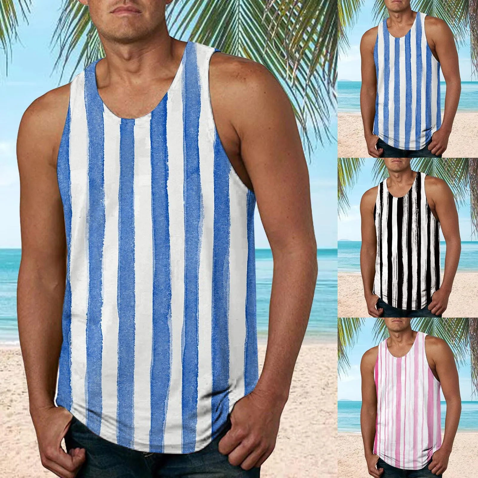 Men Stripe Tank Tops Beach Holiday Summer Fashion Leisure O Neck Vest men gym clothing bodybuilding Sports Tees Shirts Camiseta