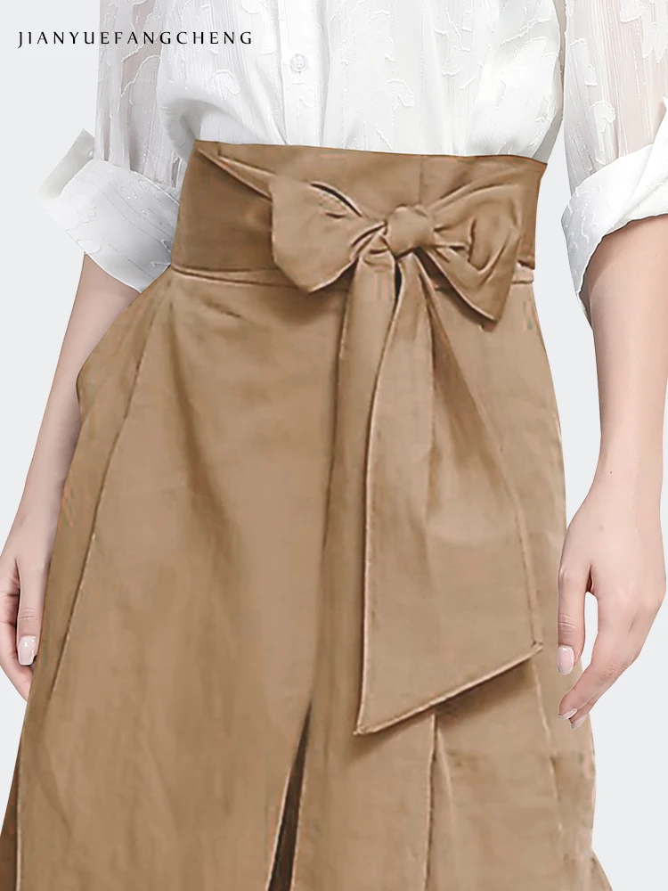 Fashion High Waist Khaki Wide Leg Pants Women' Spring Summer Loose Casual Straight Long Trousers With Bow Cargo pants