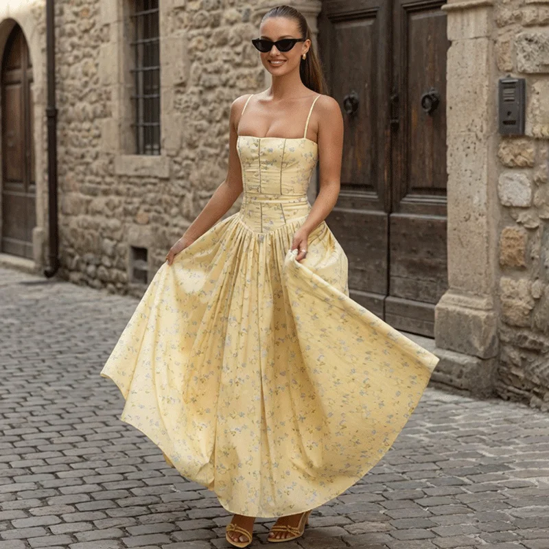 Ticketsx Elegant Floral Long Dress Women's Fashion Pleated Patchwork High Waisted Slim Sling Dress Summer Party Streetwear Dress
