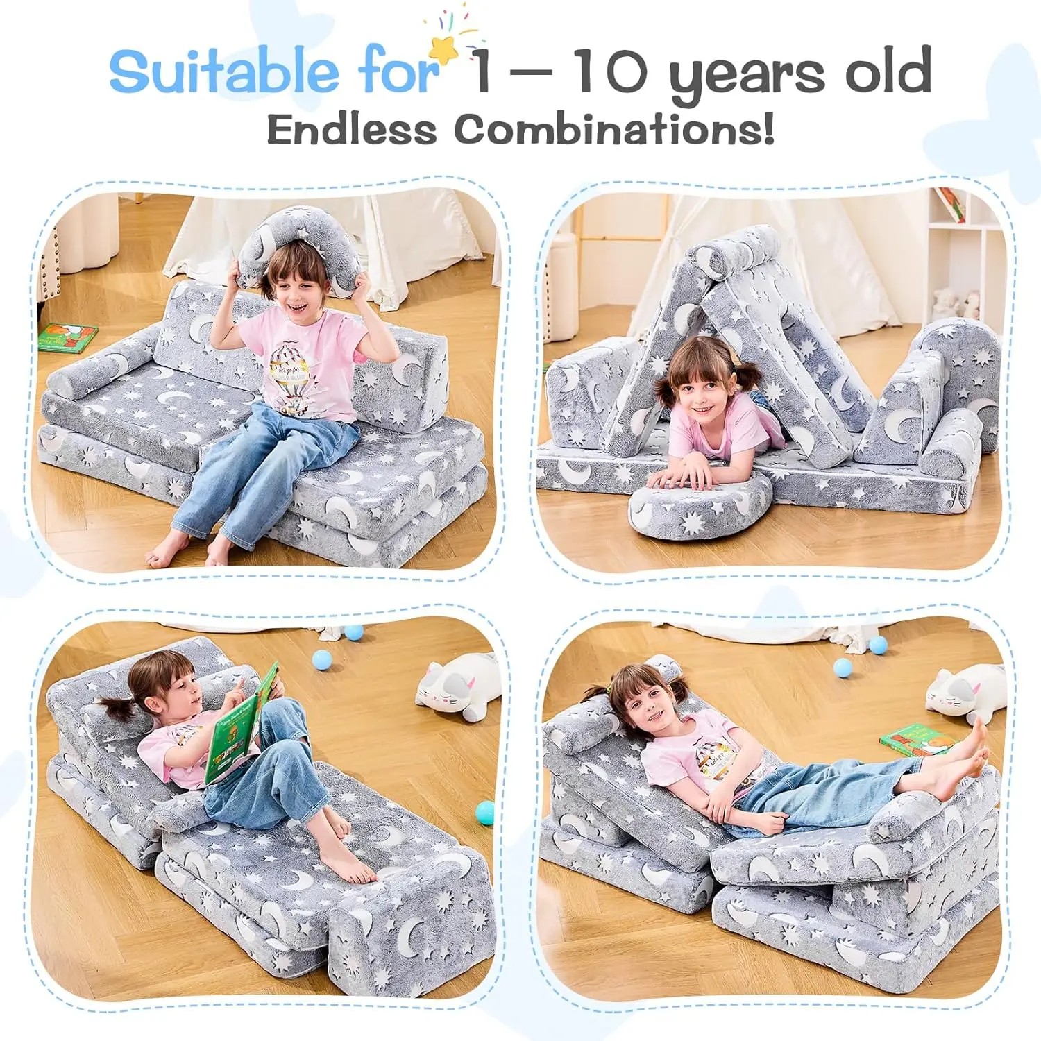 Sofá modular para juegos de niños, sofá para niños pequeños, sofá seccional para niños, muebles de dormitorio y sala de juegos para niños pequeños, convertible