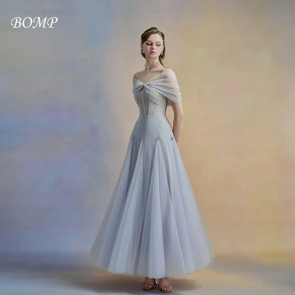 

BOMP Elegant Blue Wedding Party Dress Off Shoulder Corset Draped A-Line Floor Length Tulle Special Occasion Evening Gown Custom