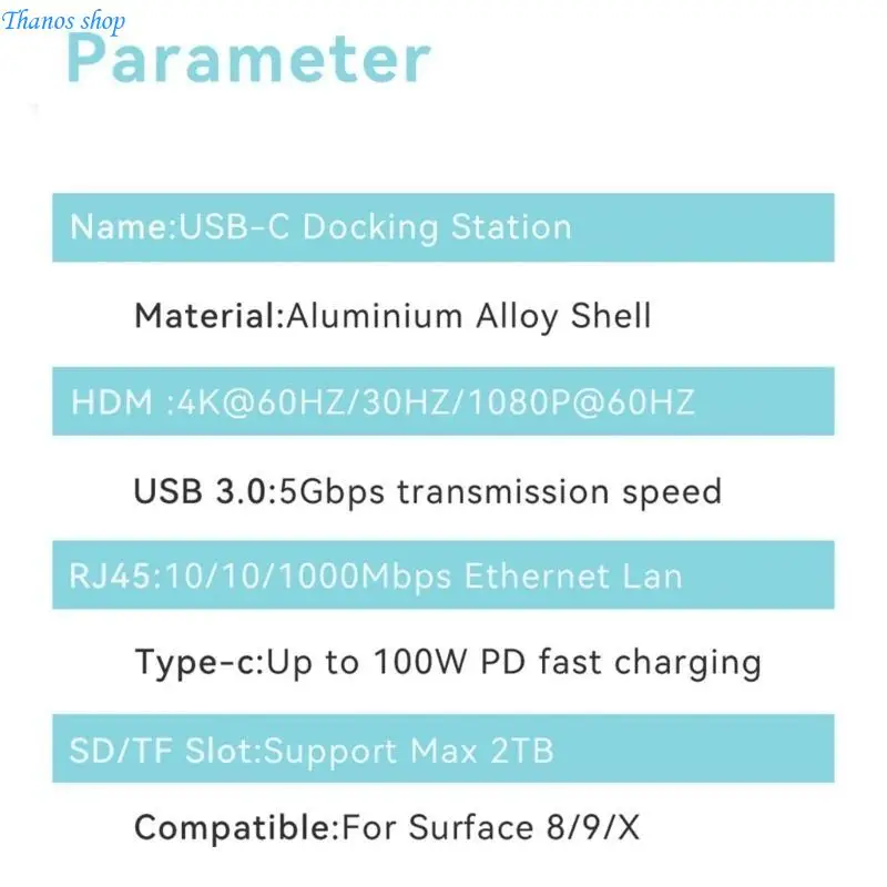 Aluminum Alloy Hub for Surface 8/9/X 7 Ports, Card Reader, RJ45, 4K PD X37A