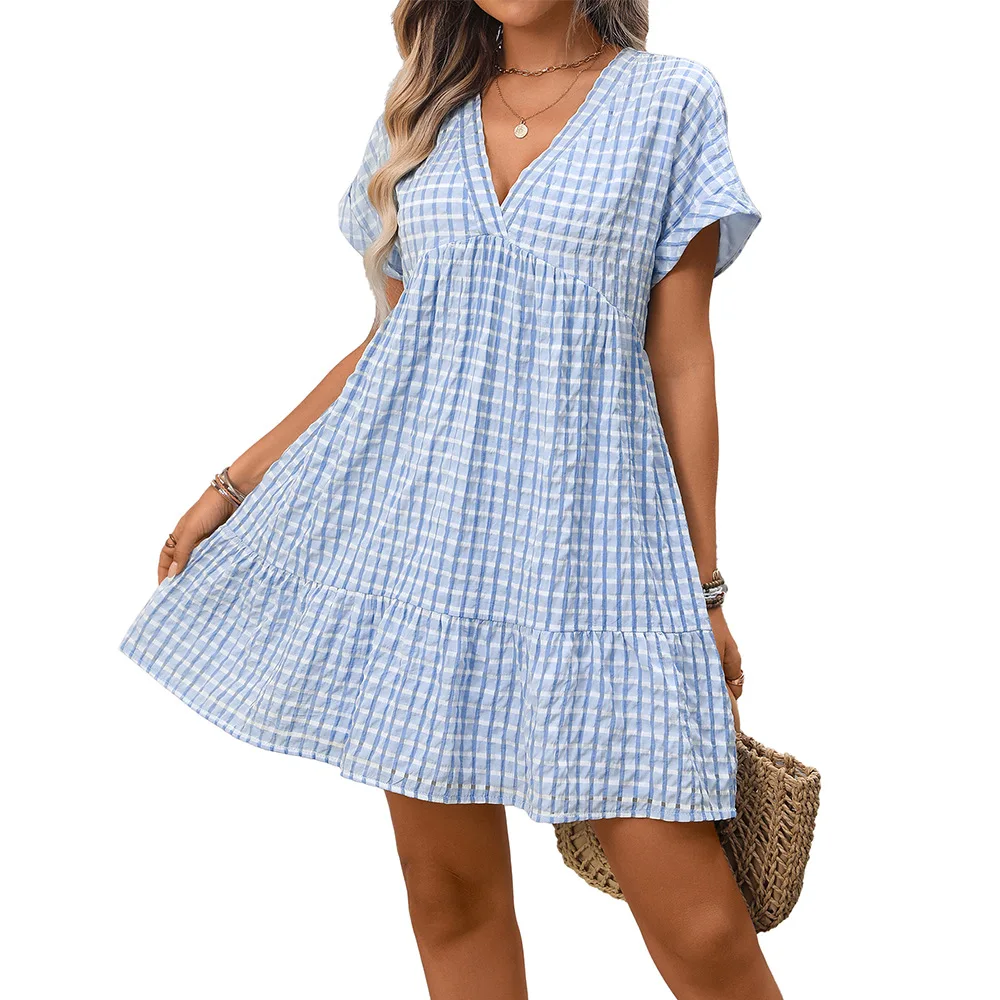 2026 New Women's Clothing Loose Casual Elegant Short-sleeved Plaid Dress