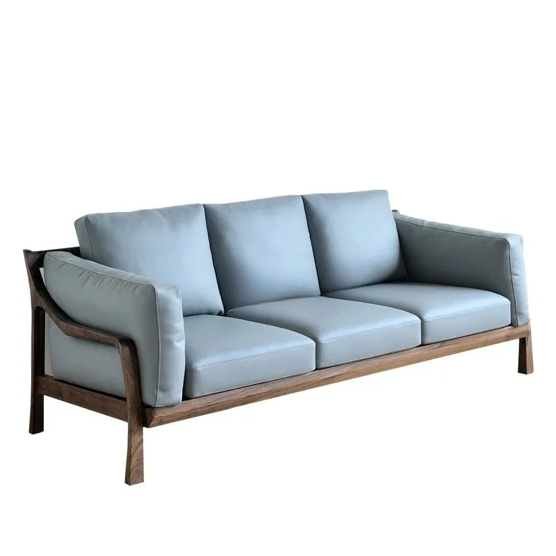 

Black walnut all-solid wood leather sofa modern simple living room small apartment