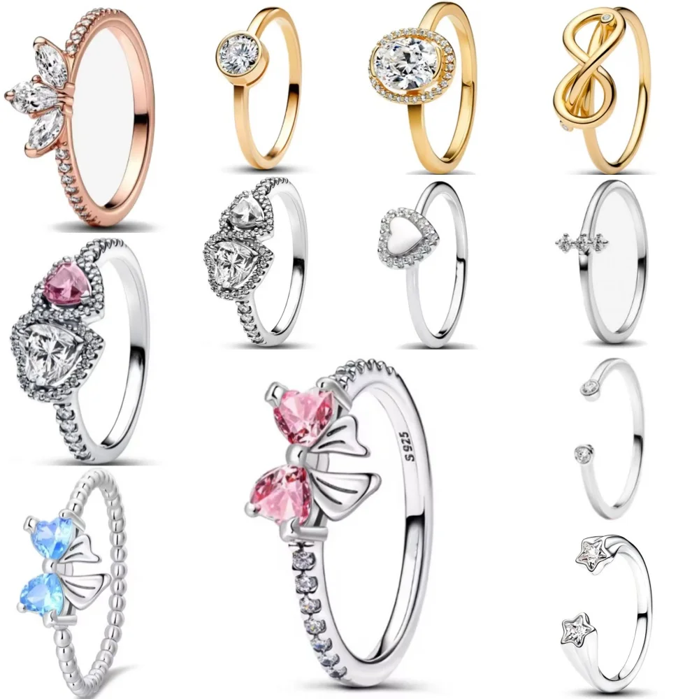 

New 925 Silver Pink Blue Bow, Heart-Shaped Ring, Size 6789, Suitable For Delicate Jewelry For Women At Wedding Parties