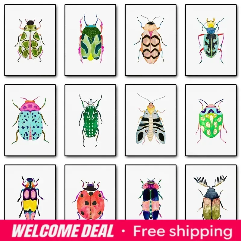 2026  Watercolor Bug Beetle Ladybug Poster Print Colorful Insect Canvas Painting Nature Wall Art Picture Nursery Kids Room Ho