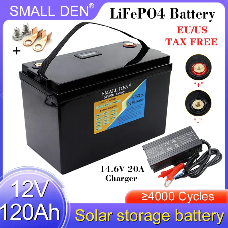 12V 100Ah/120Ah LiFePO4 Battery Pack LCD display Built in BMS For 4S 12.8V 14.6V Electric car Boat RV Inverter Solar+20A Charger