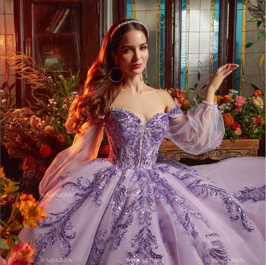 Roxo princesa personalizado quinceanera vestidos 2025 fora do ombro delicado fada frisado apliques vestidos de 15 años quinceañeras