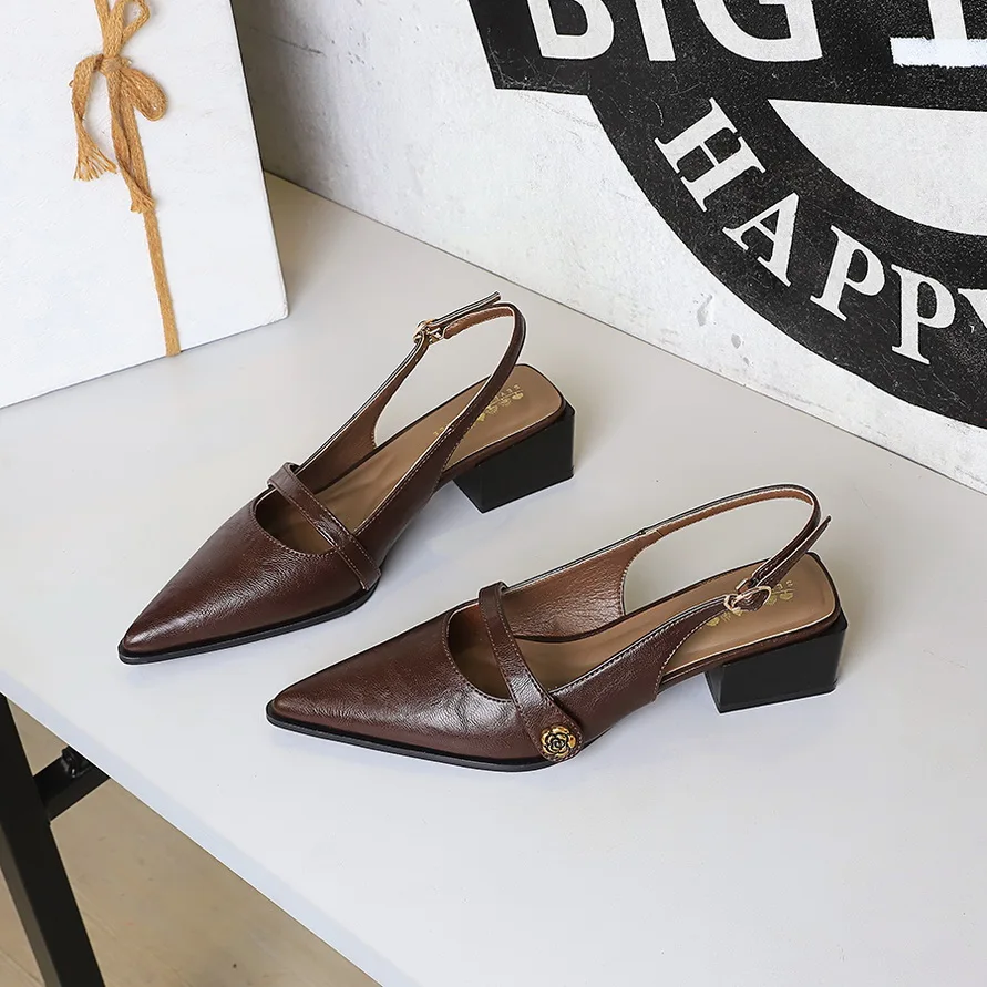 

BIGTREE Fashion Casual High Heels Slingback Comfortable Pointed toe 2025 Women Shoes 4.5cm Med-Heeled Sandal Lady Brown White
