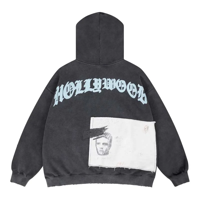 الاتجاه الماركات هوديي الرجعية تفعل القديمة ممزق هول عادية فضفاض البلوز عالية الجودة المرقعة طباعة الصوف مقنعين البلوز