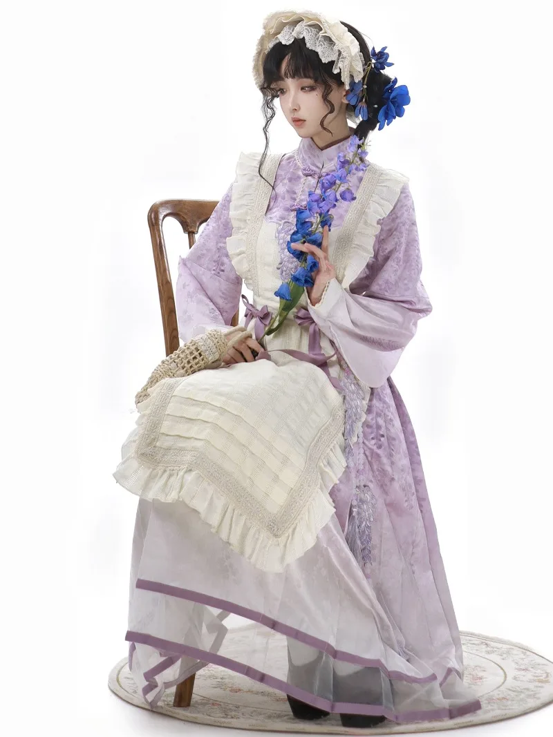 Grembiule da donna originale Lolita quotidiano carino dolce stile pastorale serie CLA stampa retrò colletto alla coreana manica lunga viola abito lungo grembiule