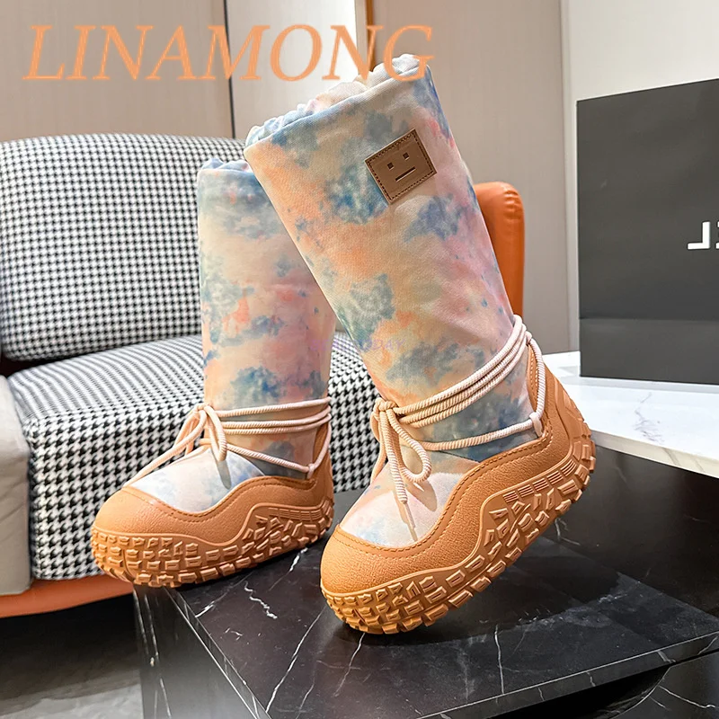 

Suede Colored Long Sleeved Cotton Boots Sleeves Lace Up Smiling Face Decoration Splicing Thick Sole Anti Slip Warm Snow Boots