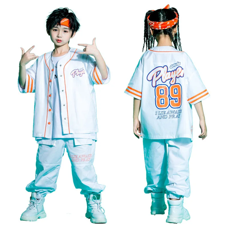 Kid Kpop Hip Hop Clothing Baseball Cardigan Shirt Top White Streetwear Cargo Jogger Pants Shorts for Girl Boy Jazz Dance Costume