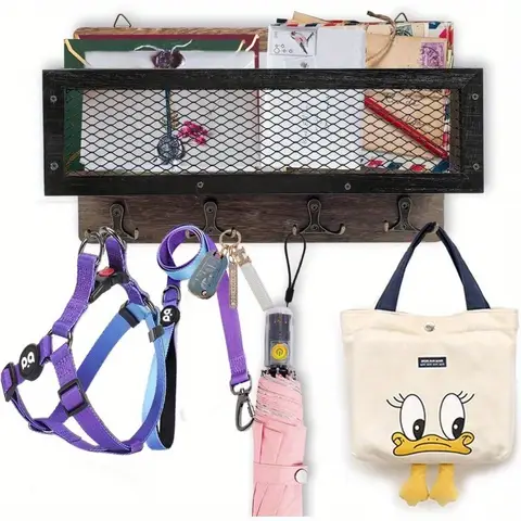 1Pc Key Holder Mail Organizer Wall Mount Key and Mail Holder Key Rack with 4 Double Key Hooks Rustic Wall Decor for Entryway, Hallway, Kitchen, Living Room, Mudroom, Office