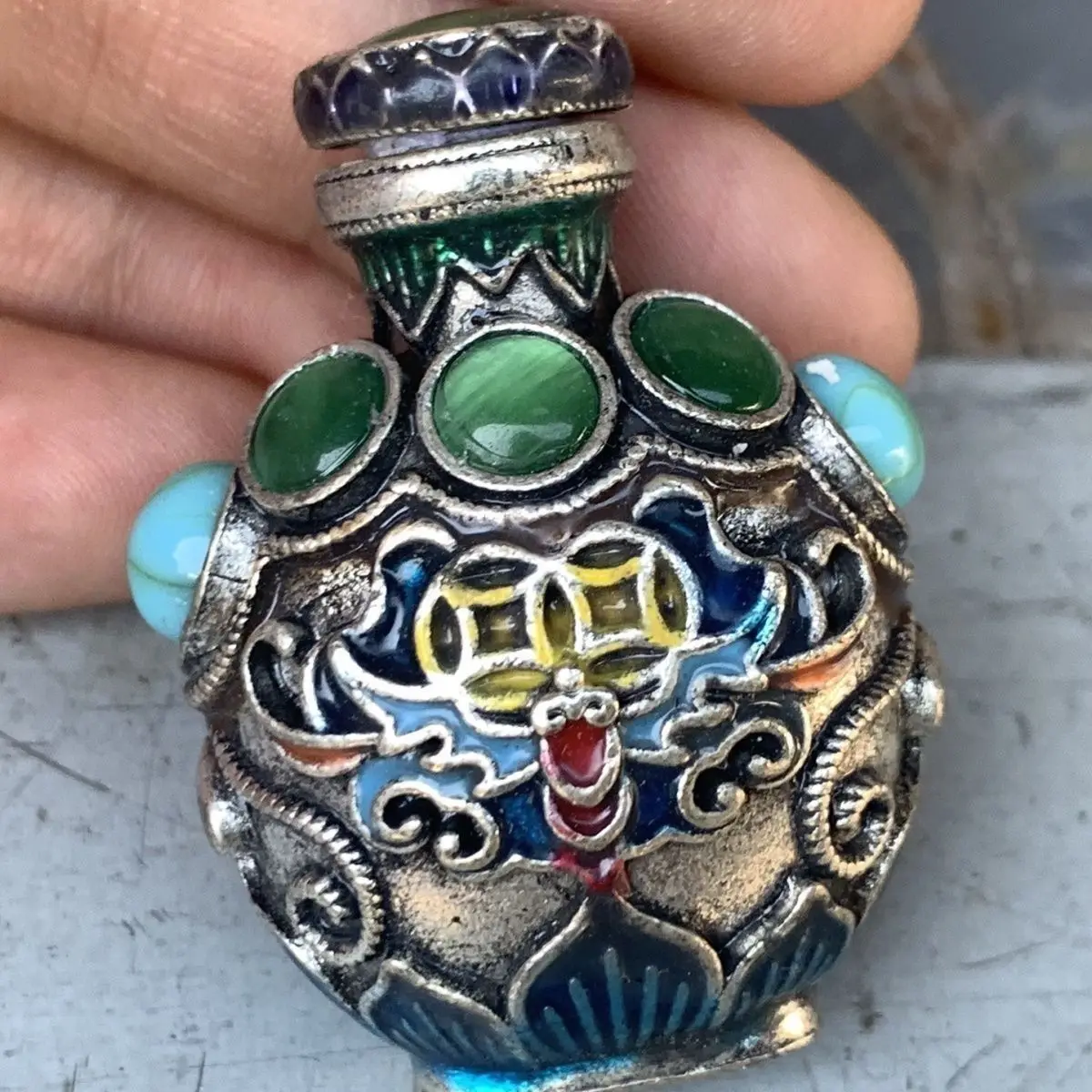 Vintage Cloisonne Bronze Snuff Bottle, Mini Carry-on Snuff Tool, Antique Collectible Hand Play Piece
