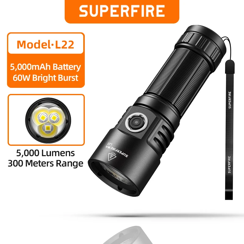 SUPERFIRE L22 Led flashlight 60W High power Portable Torch Super Bright 5000LM Type-C Rechargeable With 3 lamp beads Lantern