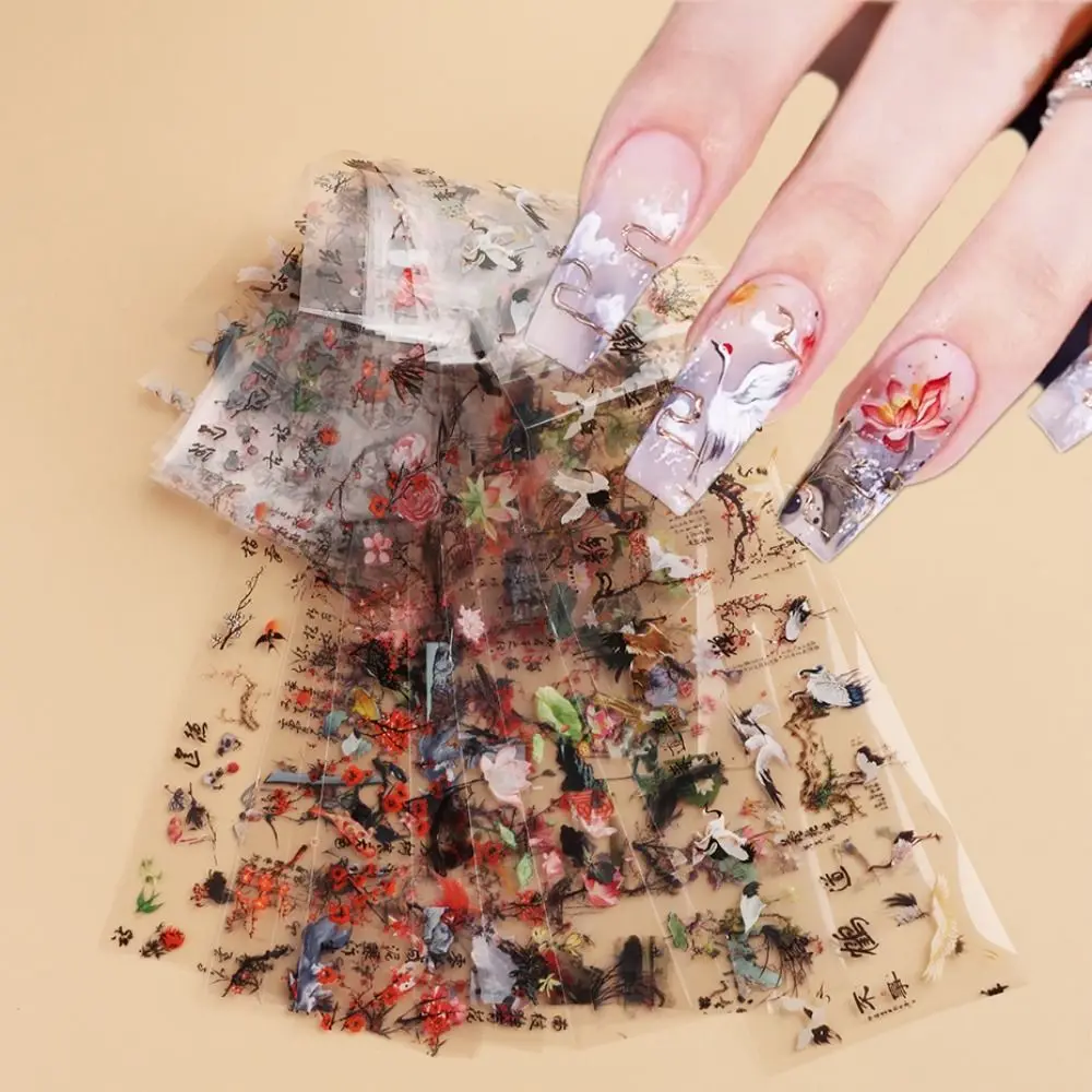 Peonía artística para uñas, pintura de tinta de caracter chino, pegatina de estilo chino, pegatinas de papel de aluminio, decoración de uñas, decoración artística