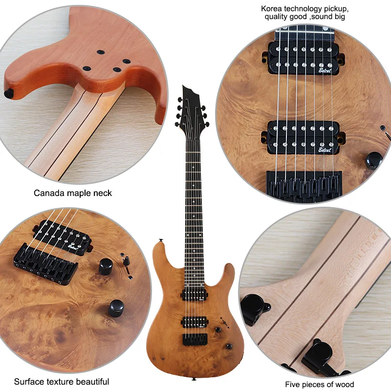 Tree Burl Top Electric Guitar 7 String Guitar 39 Inch Natural Color 24 Frets Canada Maple Neck with Korea-made Pickup