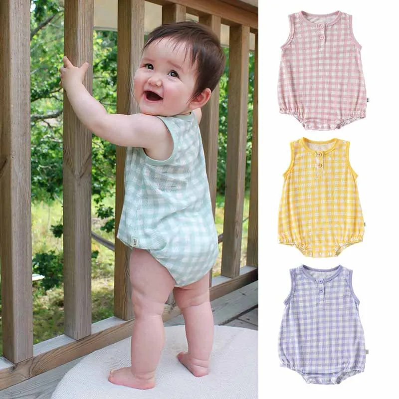 

Детский комбинезон-боди для новорожденных, без рукавов, в клетку, тонкий, летний, для ползания, новинка лета 2026