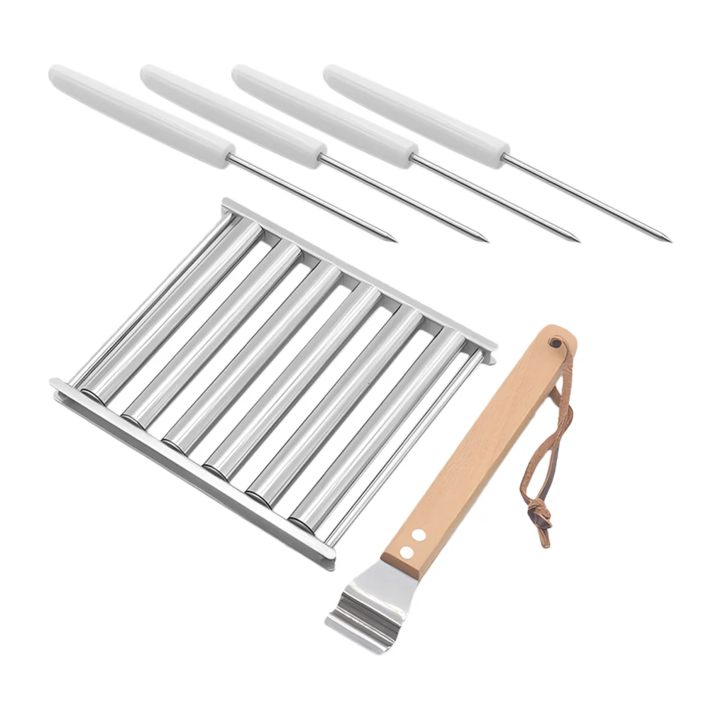 Detachable Stainless Steel BBQ Hot Dog Sausage Grill Rack Set Skewers Easy Roll Outdoor Bbq Stand Compact Folding for Camping