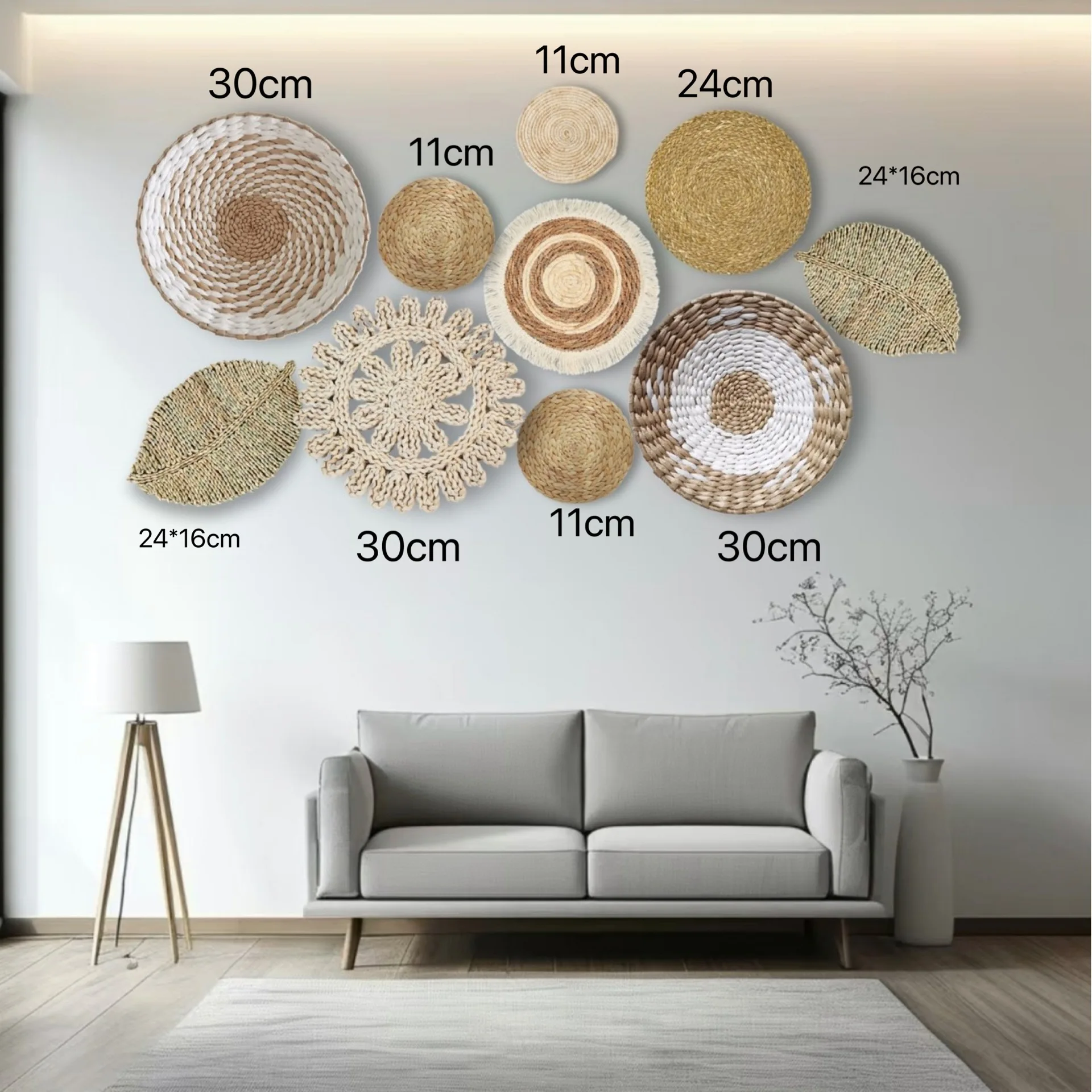7PCS Boho Wall Baskets Seagrass Rattan Wicker Handmade Wall Art Room Decor Round Shape Hanging Wall Basket