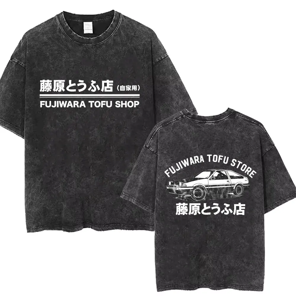 Camiseta Vintage lavada de Anime con inicial D Drift AE86 Fujiwara Tofu Shop, camiseta con estampado de logotipo, camisetas Takumi Fujiwara, camiseta Retro de Manga para hombre