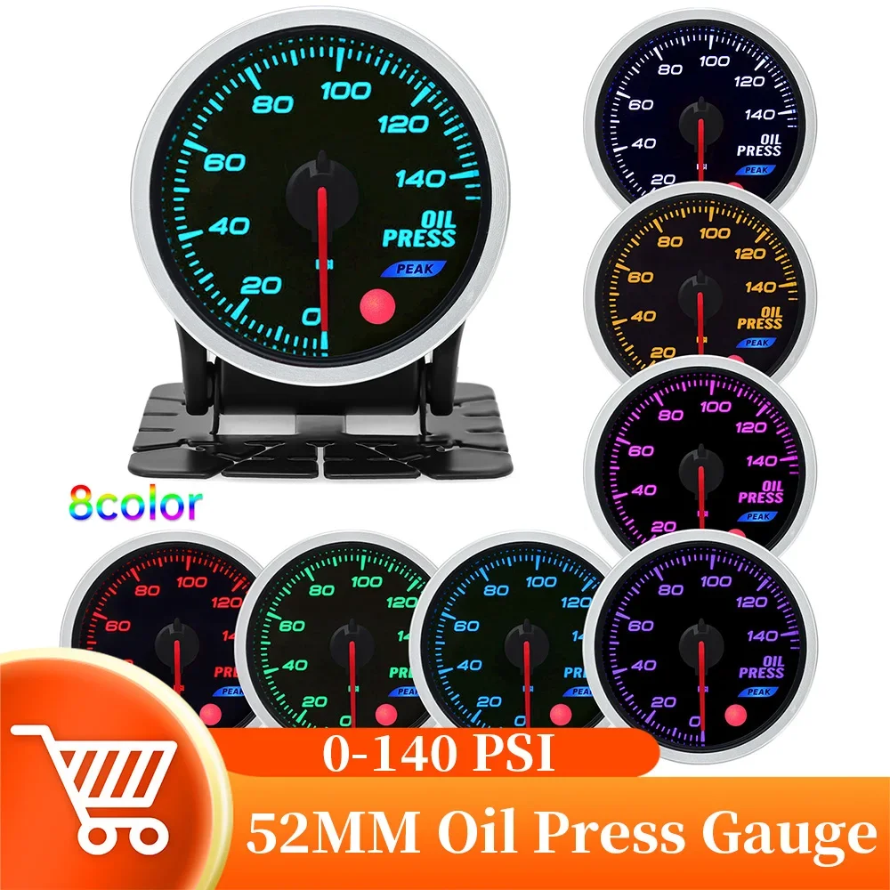 0-140PSI Oil Pressure Gauge 7 Color Backlight with Sensor 52MM Smoke Lens Oil Pressure Meter Stepper Motor 12V Gasoline Vehicle