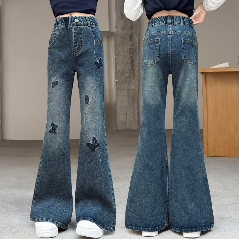 Girls Slim Flared Jeans with Butterfly Embroidery For Child Elegant Boot Cut Denim Leggings Pants Kids Fashion Jeans Trousers