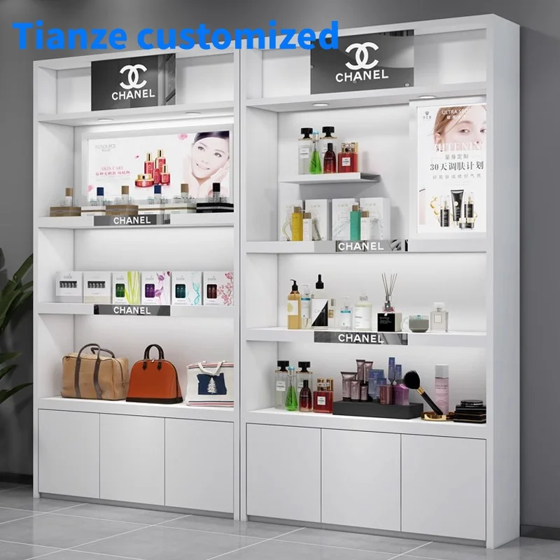 (Personalizado) Armário de cosméticos de parede de madeira da moda Equipamento de produção Vitrine de produtos de maquiagem macia para lavagem facial