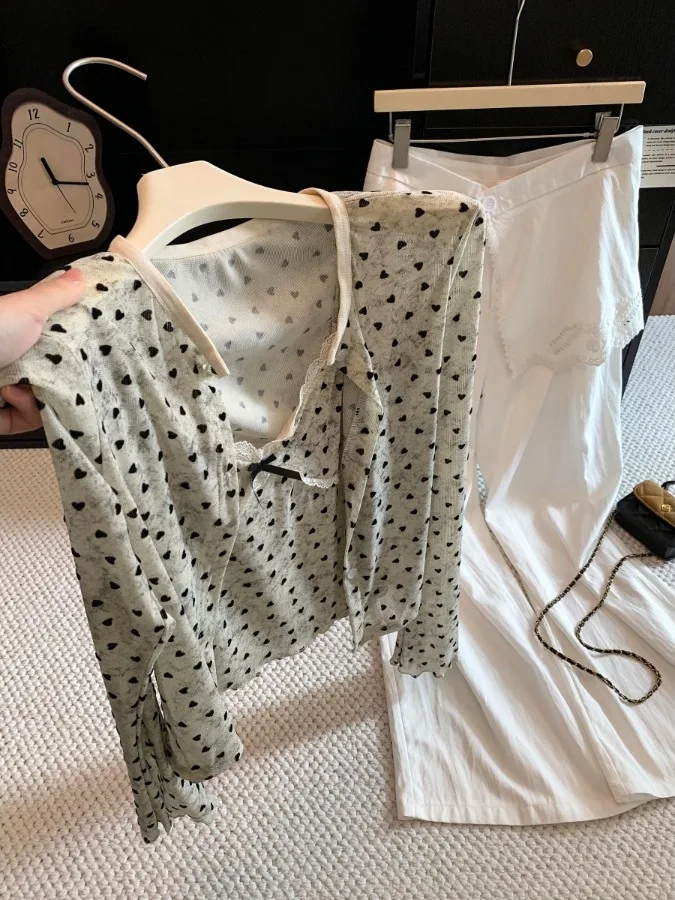 Sun Protection Long Sleeve Polka Dot Open Cardigan Summer Tank Top Set Bright Thread Ladies Commute Style Knitted Wear