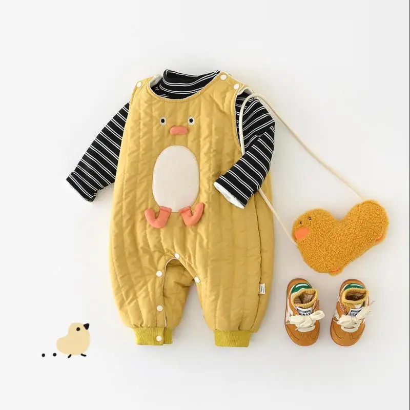 

2025 Winter New Baby Sleeveless Warm Romper Plus Velvet Thick Infant Girls Cute Cartoon Jumpsuit Toddler Overalls Baby Clothes
